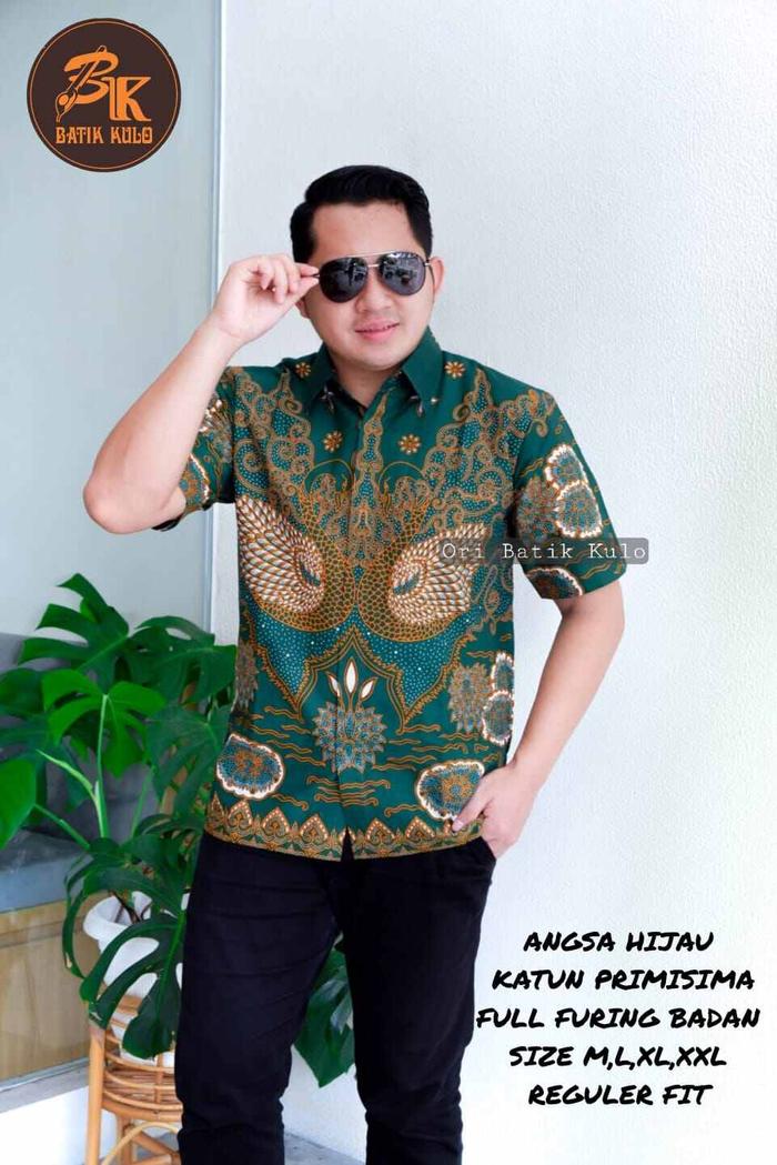 hem batik pria hijau botol kemeja batik pendek hijau tua ANGSAIJO