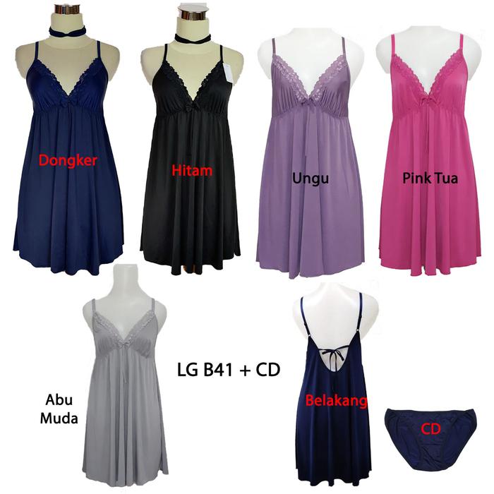 LG B41 + CD Baju Tidur Wanita Lingerie Panjang Dress & Celana Dalam Satin Lembut All Size Hitam Pink