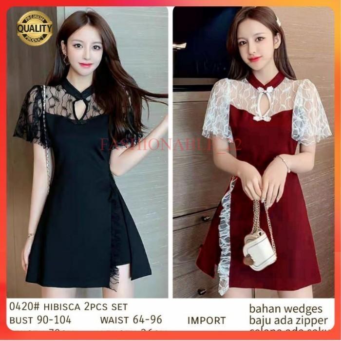 Baju setelan Mini dress wanita lengan pendek Hibisca CN premium import