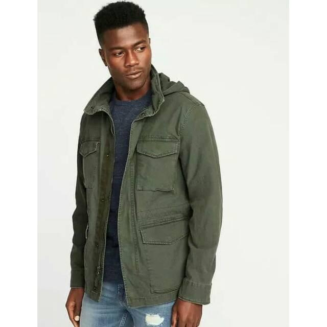 JAKET PARKA OLD NAVY HIDDEN HOOD CANVAS MILITARY ARMY GREEN-JAKET PRIA