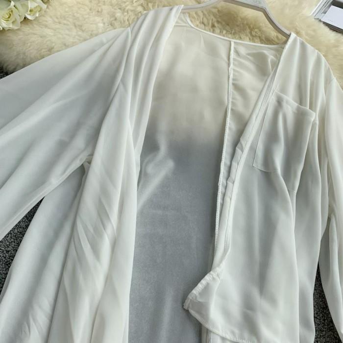 Kardigan Sifon Outer Lengan Panjang Hem Asimetris Warna Polos Tide