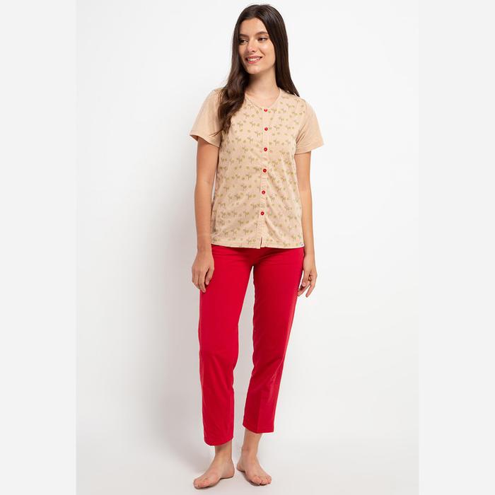 Puppy Pyjama Short Sleeve Long Pants Sleepwear Wanita Sand Paper/Red