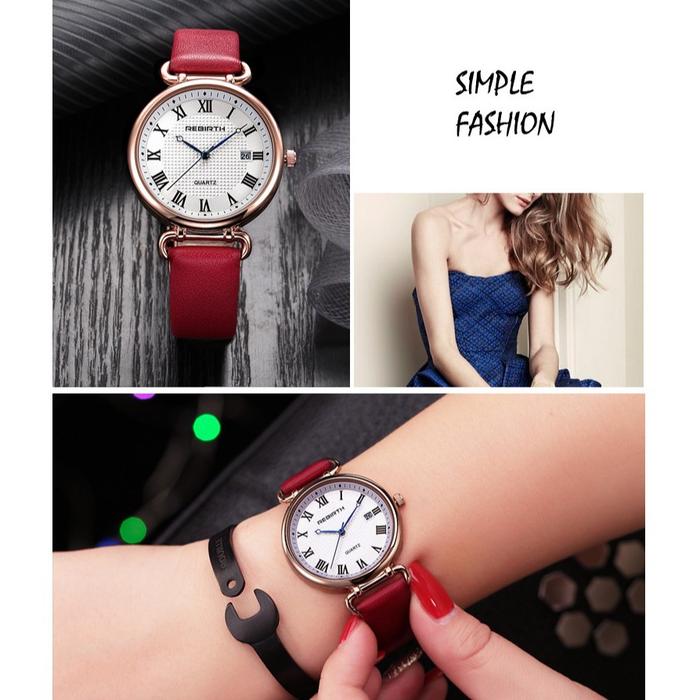 JAM TANGAN WANITA REBIRTH ORIGINAL KULIT MERAH GOLD IMPORT BRANDED