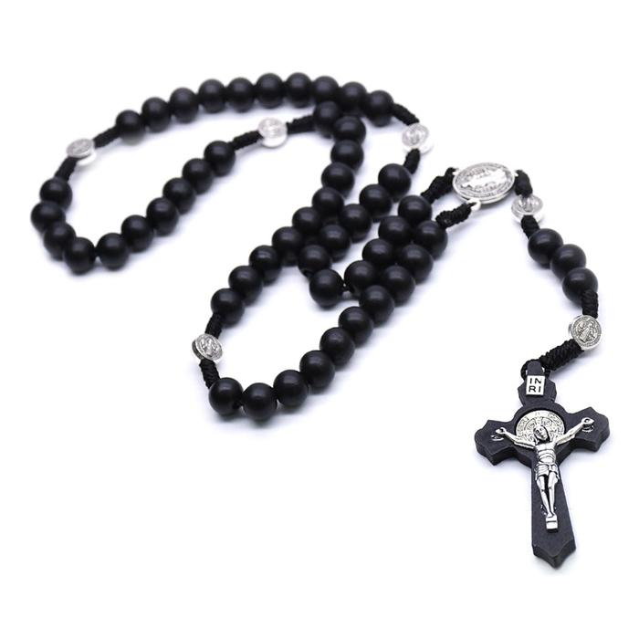 HL243 Kalung Rosario Desain Manikmanik Kayu Warna Hitam Gaya Katolik U