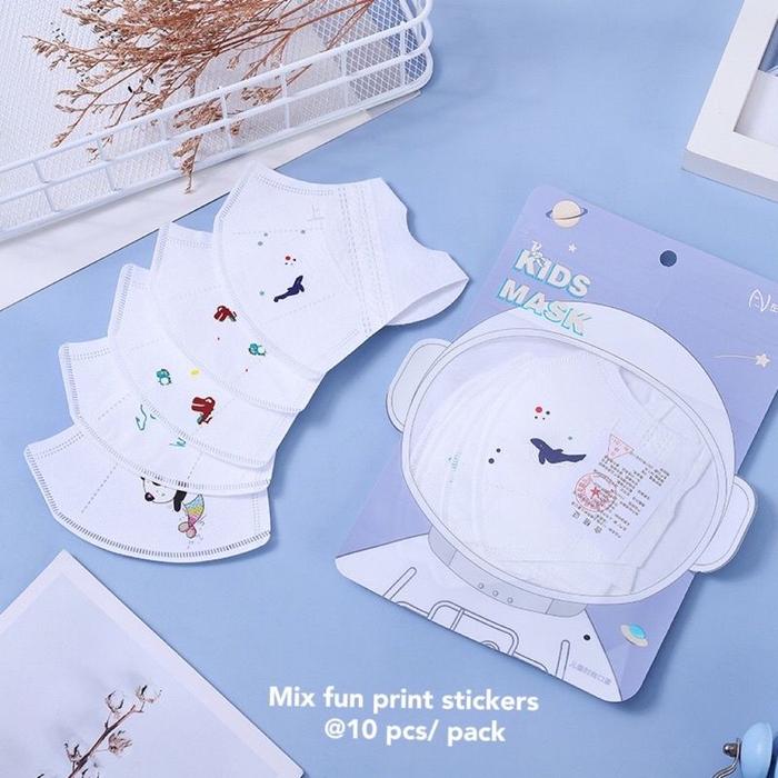 10PCS MASKER ANAK 3PLY EARLOOP TALI LEBAR 3D STEREO WARNA PUTIH MOTIF
