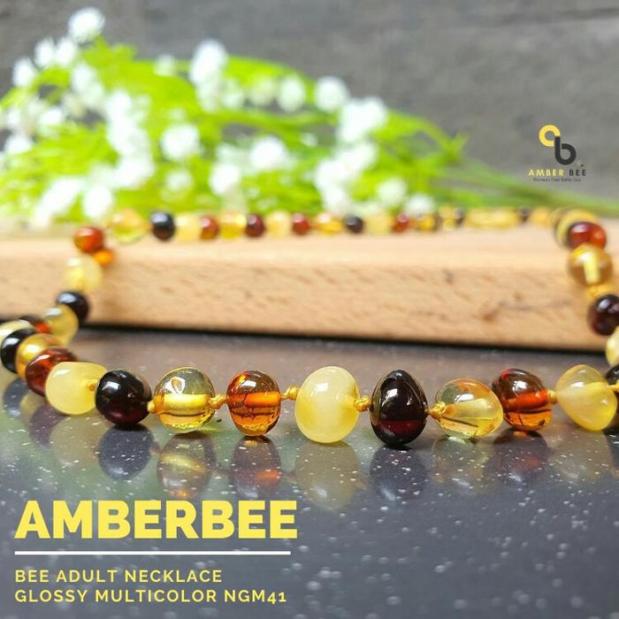 Kalung Amber Cantik Kesehatan 100 Premium Glossy Multicolor 46cm NGM41