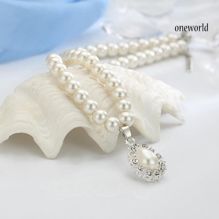 OW@ Water Drop Faux Pearl Beaded Rhinestone Bridal Necklace Earrings