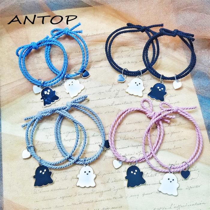 2Pcs Gelang Couple Pasangan Hitam Tenun/Lucu Hantu Magnet Kapel