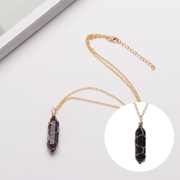 MOILY Hexagonal Cylindrical Crystal Necklace Natural Stone Wire Wrap