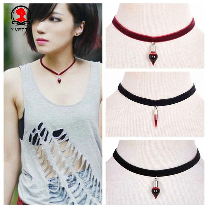 Kalung Choker Liontin Botol Kaca Darah Vampire Diaries Gaya Punk