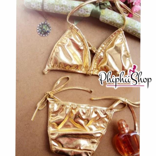 Bikini Sexy Set Bra Panty Latex Metalik Woman Underwear - Gold