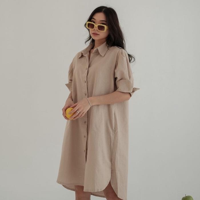 Dress Kemeja Basic Korea Casual Wanita Midi Shirt Dress Simple Casual