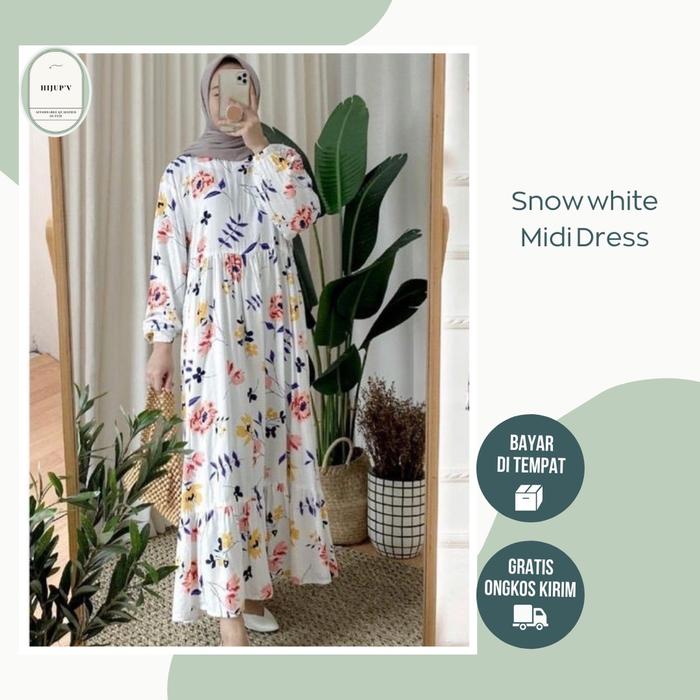 GAMIS MIDI DRESS RAYON VISCOSE MOTIF SNOW WHITE - TUNIK PUTIH BUNGA UK