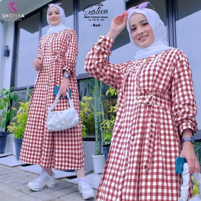 midi dress kotak kotak2 katun kekinian muslim busui casual wanita sati