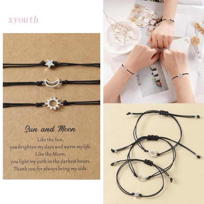 3pcs Gelang Persahabatan Desain Matahari Bulan Dan Bintang Untuk