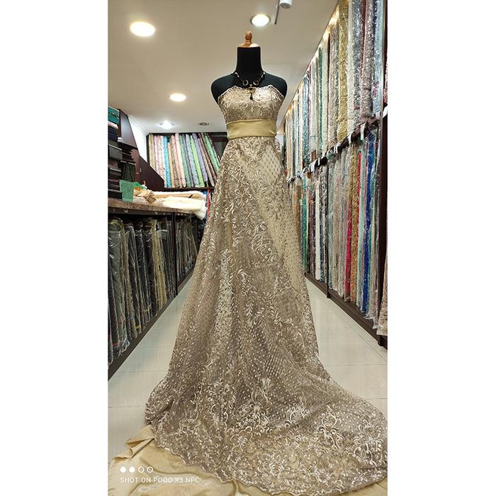 Kain Tile Lace Brokat Dress Bridal Bridesmaid Payet Emas Platinum