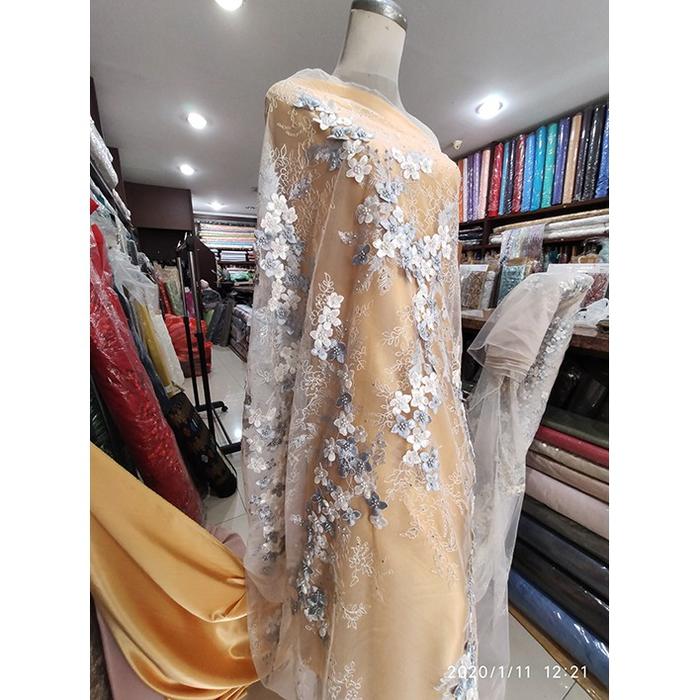 PROMO- Kain Tulle Brokat Bunga Timbul Impor Premium - Silver Platinum