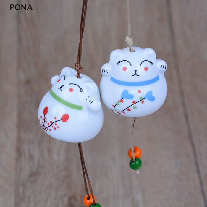 Ornamen Lonceng Angin Liontin Kucing Keberuntungan Bahan Keramik Untuk