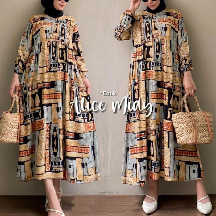 Manda Alice Midi Motif Etnik Dress Busui Fit M To Xxl Rayon Gamis Jumb