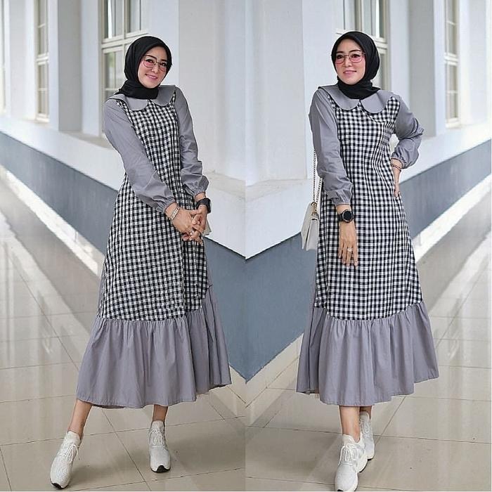 YT515 COD- Amelia Long Tunik BahanMix Katun Kotak midi dress midi dres