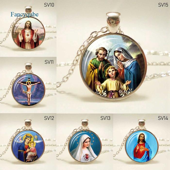 Kalung Liontin Yesus Kristen Lukisan Minyak Bahan Kaca Untuk