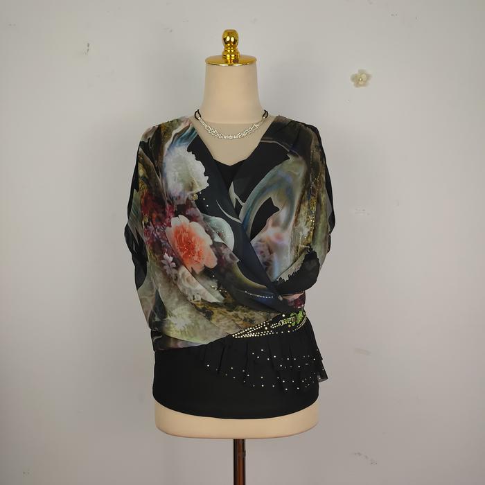 Atasan Wanita Oversized Sifon Hitam Motif Bunga