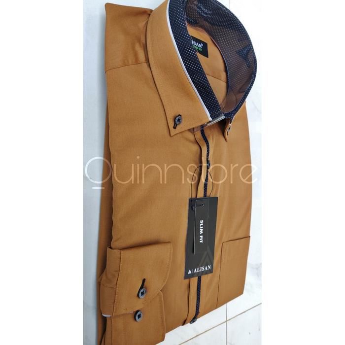 ALISAN  Kemeja Polos Kombinasi - Lengan Panjang - Slim Fit - Coklat #7