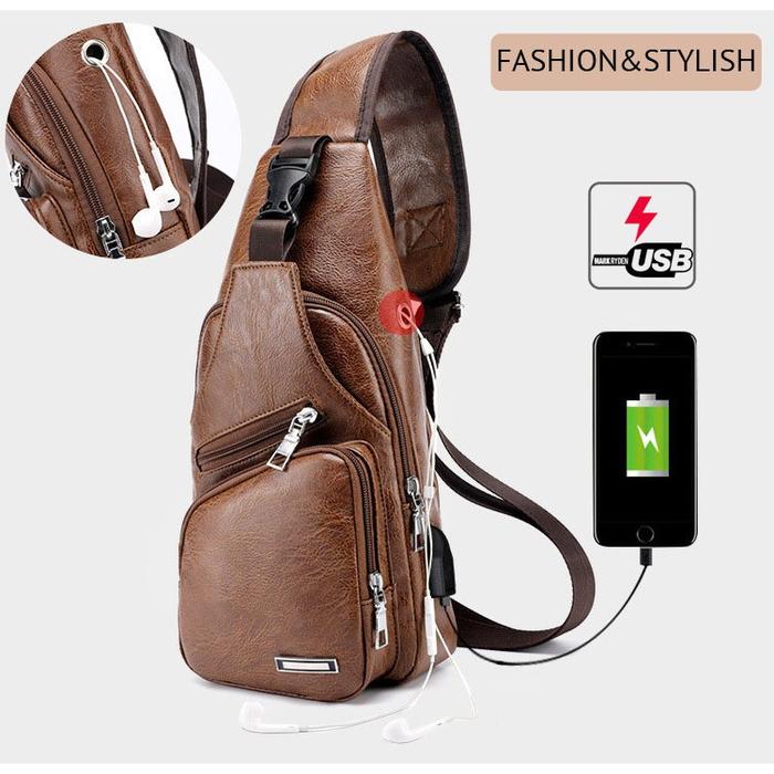 Gc-116 Tas Selempang Pria Kulit/Sling Bag Anti Maling Usb Port+Lubang
