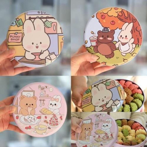 Ready CUTE CARTOON BEAR&RABBIT ROUND BOX TINPLATE COOKIE CONTAINER