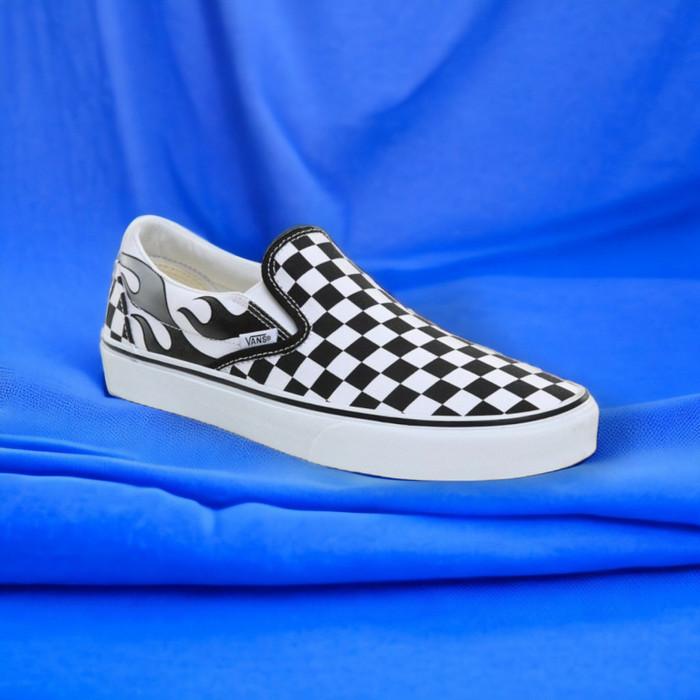 Sepatu Vans Slip On Flame Checkerboard White Classic Original 100%