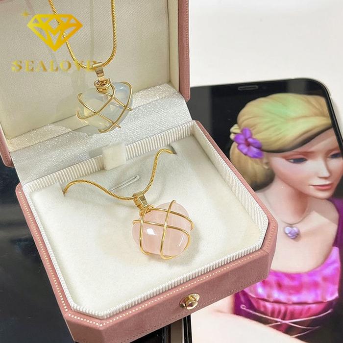 Kalung Titanium Barbie Hati Batu Permata Opal Emas 18K Anti Karat