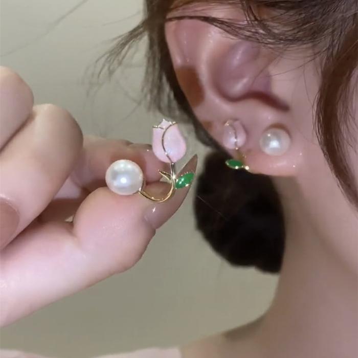 Set Anting Stud Desain Daun Bunga Tulip Pita Kristal Mutiara Warna