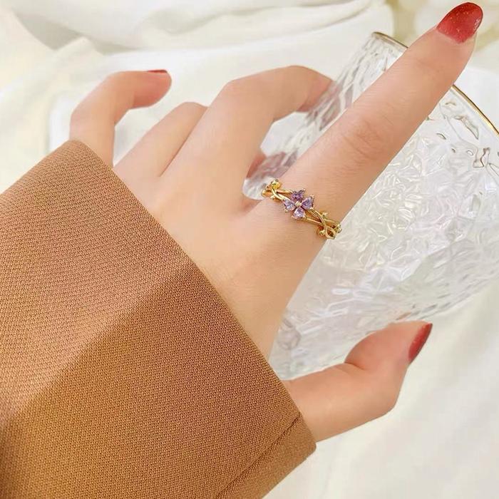 Cincin Titanium Asli Wanita Anti karat Ungu Berlian Semanggi Perhiasan