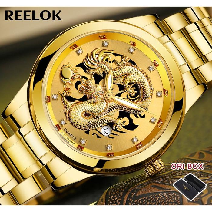 FNGEEN Jam Tangan Pria Naga Emas Luxury Stainless Steel Quartz Orinal