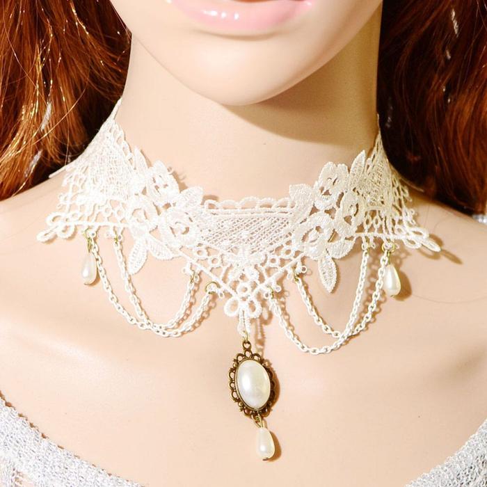Kalung Gothik Etnik Putih Gaun Pernikahan Kain Renda Lace Necklace