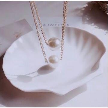 Kalung Korea Panjang Double Layer Mutiara Besar Susun Kalung Hijab