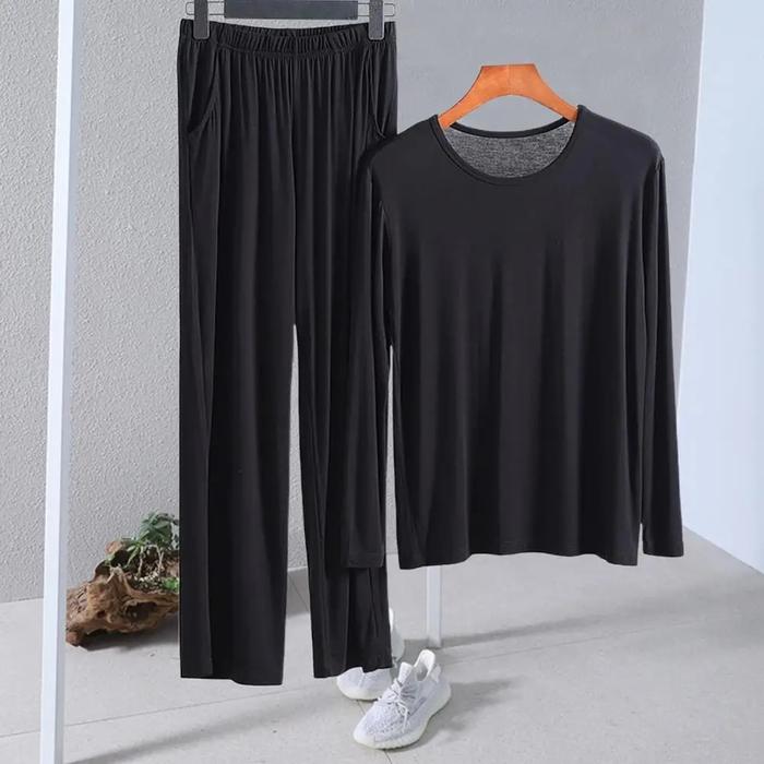 2 Buah Set Piyama Sutra Es Pria Kemeja Lengan Panjang Warna Solid &