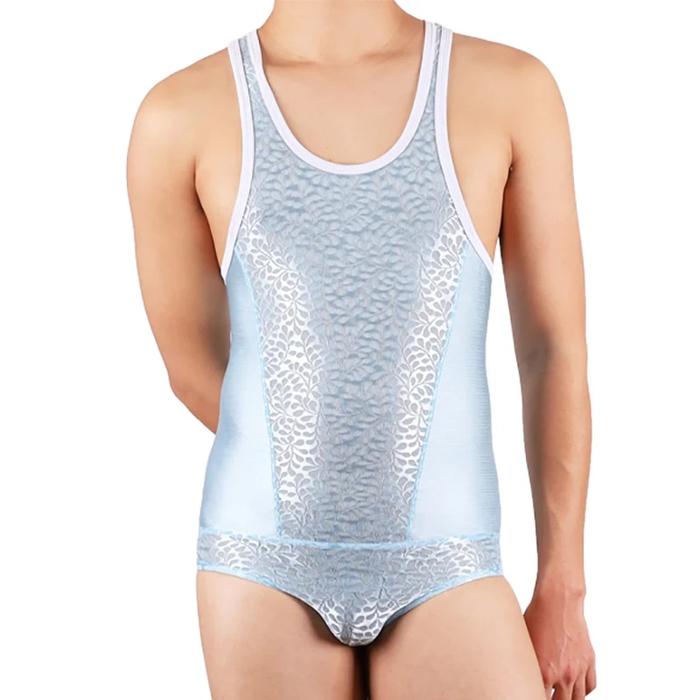 Kaus Dalam Tambal Sulam Renda Seksi Leotard Bodysuit Pria Mulus