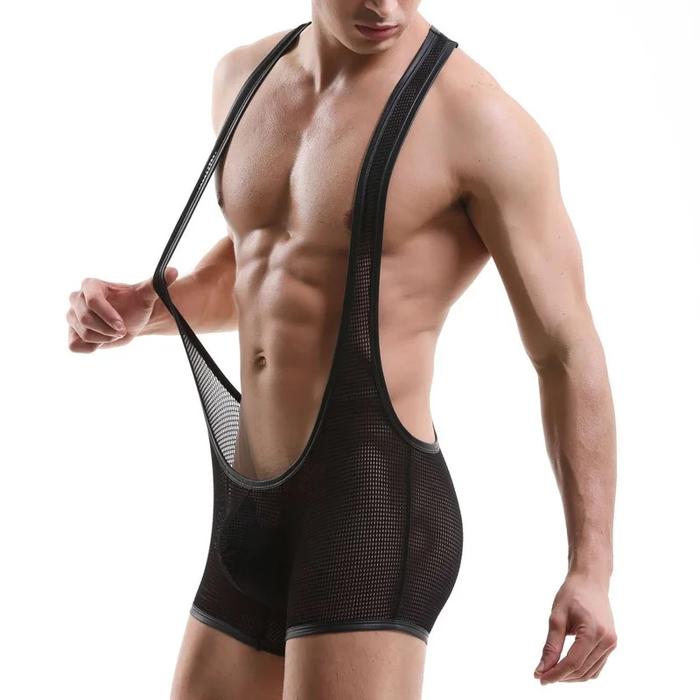 Mesh Kaus Leotard Pria Terompet Kantong Elastis Bodysuit Boxer