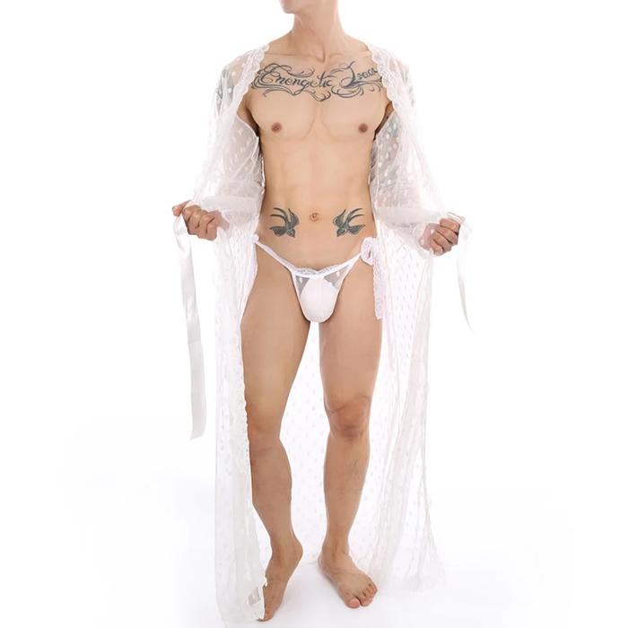 Jubah Mandi Seksi Pria dengan Thong Sabuk Jaring Renda Panjang Piyama