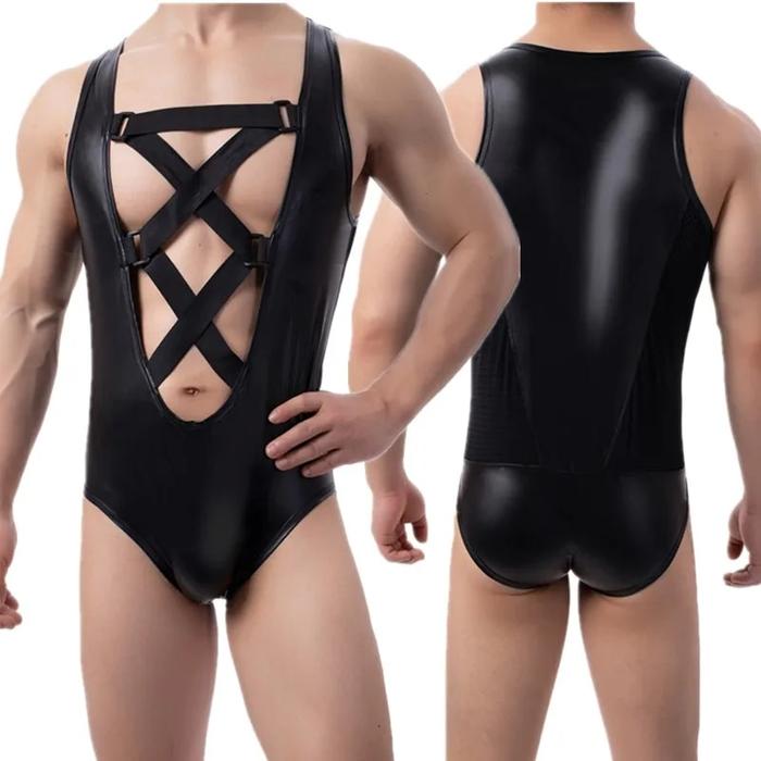 Bodysuit kulit PU pria tanpa lengan Leotard depan Hollow Out Romper
