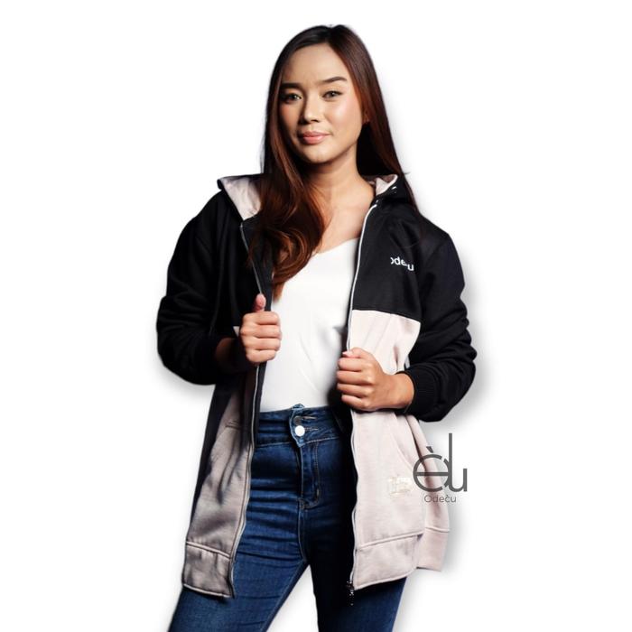 ODECU PREMIUM HOODIE ZIPPER TWO COLOR BLACK BEE SWEATER WANITA PRIA