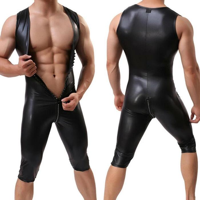 Kulit PU Kaus Pria Catsuit Ritsleting Jumpsuits Bodysuit Gulat