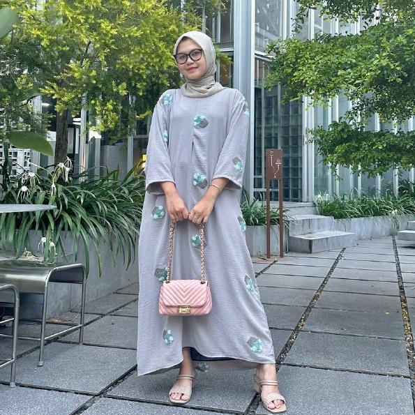 Daster Gamis PomPom Crinkle Airflow Lengan 3/4
