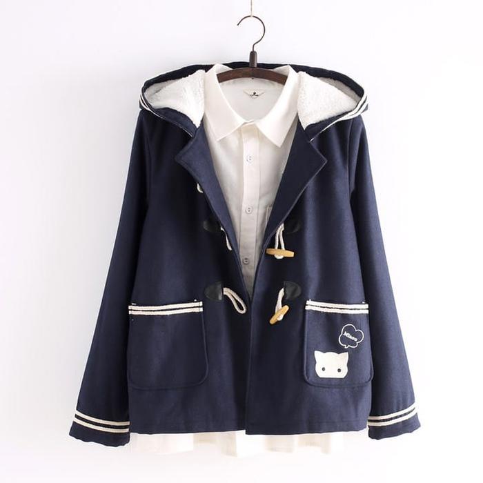 JAKET HOODIE NEKO CAT TOGGLE NAVY KAWAII