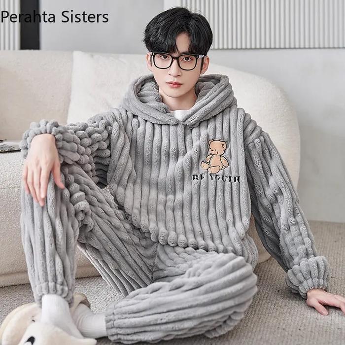 Set piyama flanel pria baru 2022 baju rumah bertudung lengan panjang