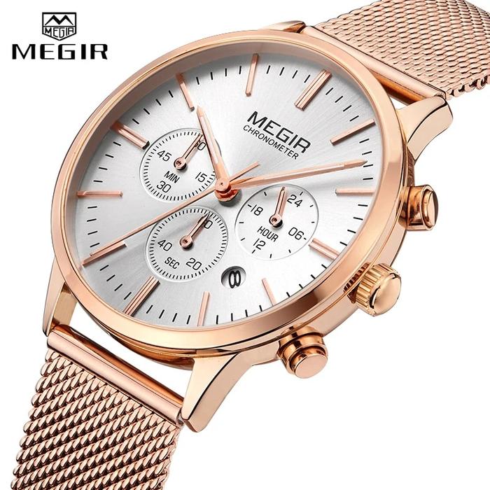 MEGIR Jam Tangan Wanita Modis Rose Gold Jam Tangan Kuarsa Bermerek