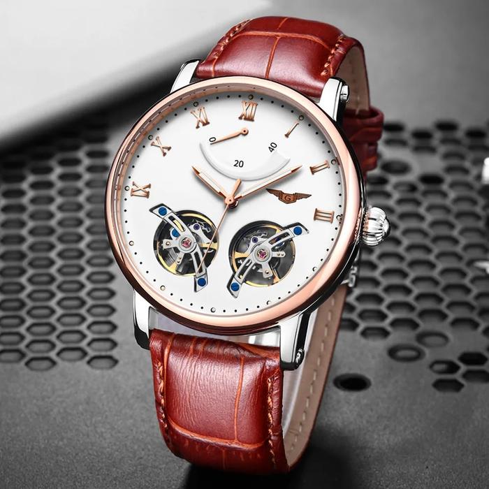 GUANQIN jam tangan mekanis pria, arloji Tourbillon otomatis tahan air