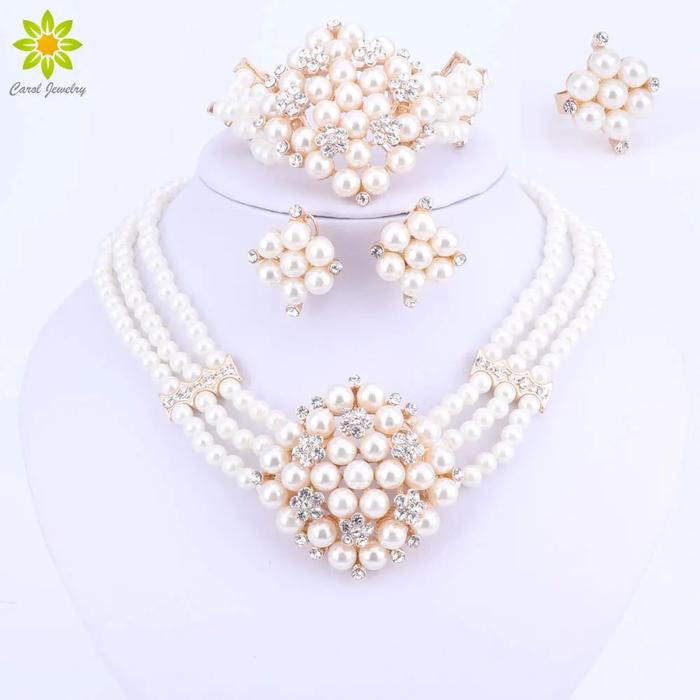 Baru Set Kalung Warna Emas Dubai Mutiara Imitasi Set Manik Afrika
