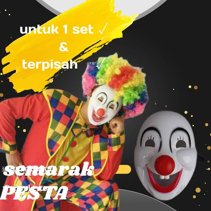 Topeng Badut Clown, Topeng Badut Hidung, Rambut Badut Kribo, Rambut